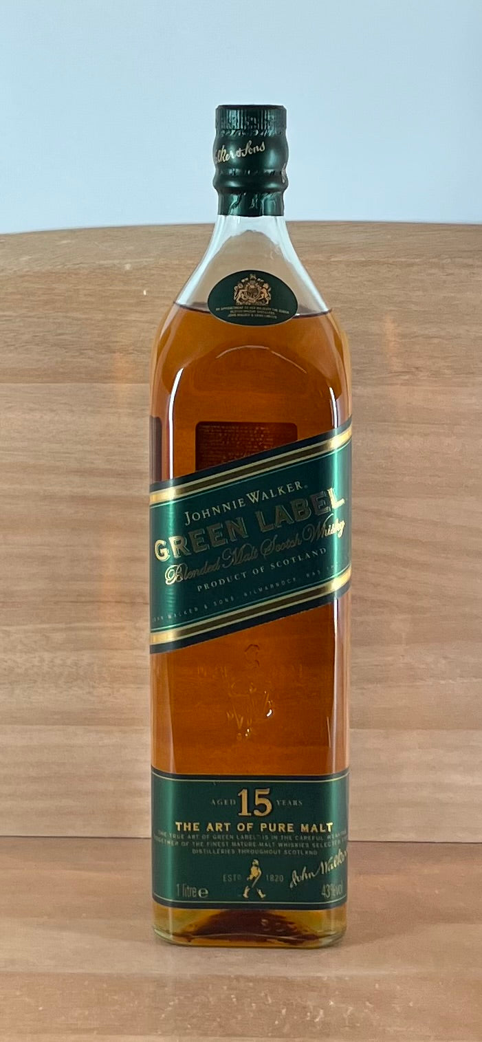 Johnnie Walker 15 yo Green Label Blended Malt Scotch Whisky (1000 mL, older bottling, boxed)